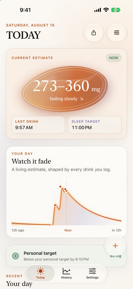 Cafade Today screen showing a current caffeine estimate and fade curve.